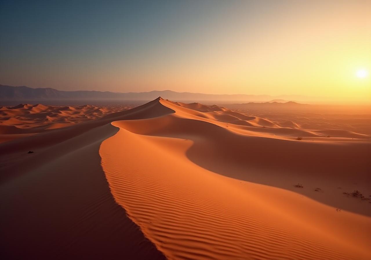 Soft dusk light hitting rolling desert dunes