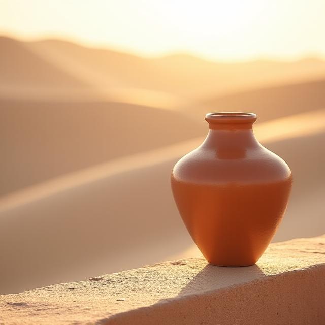 Soft sun hitting a ceramic vase on a sandy ledge